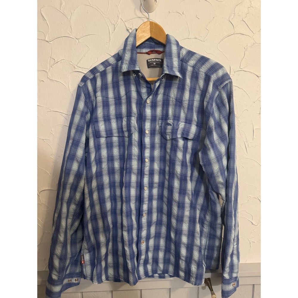 SIMMS Fishing Products Men's Plaid Long Sleeve Shirt Size Medium Blue Outdoor